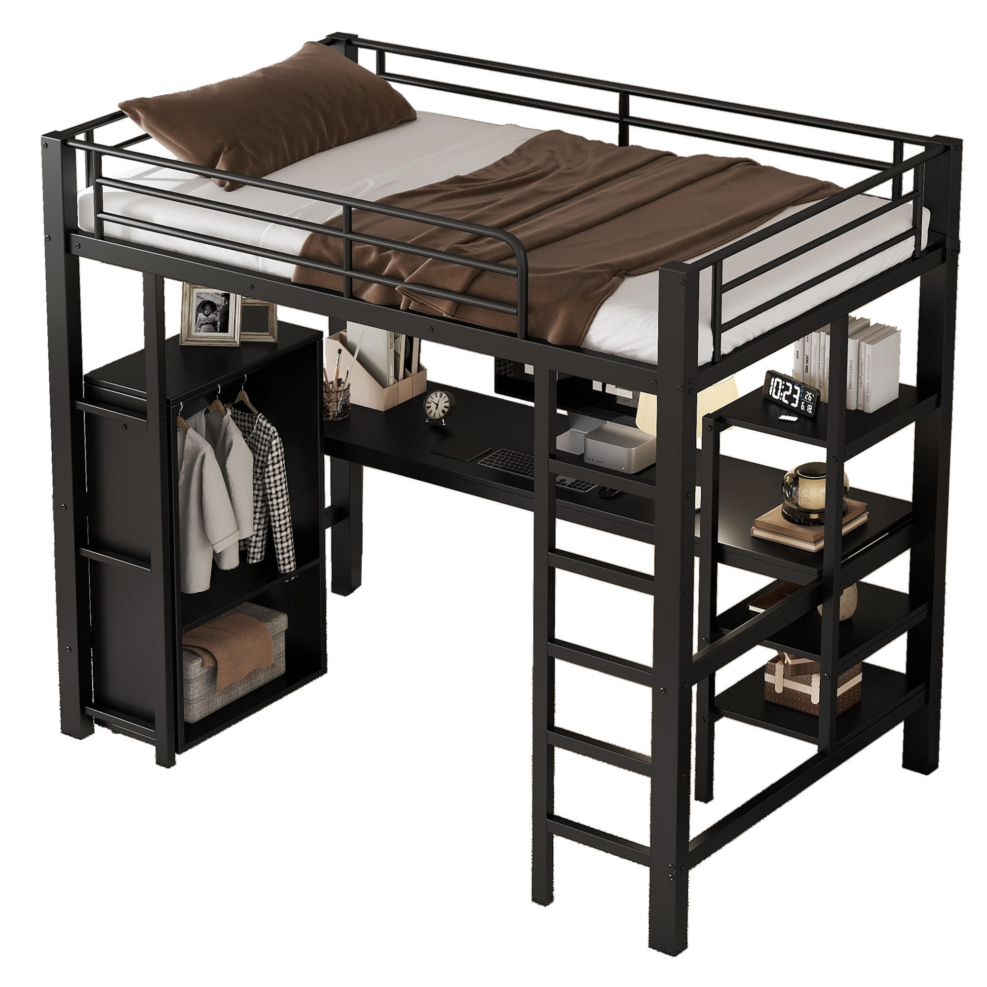 STILVORA ETAGENBETT 90/200 cm in Schwarz mit Schreibtisch, Kleiderschrank und Regal