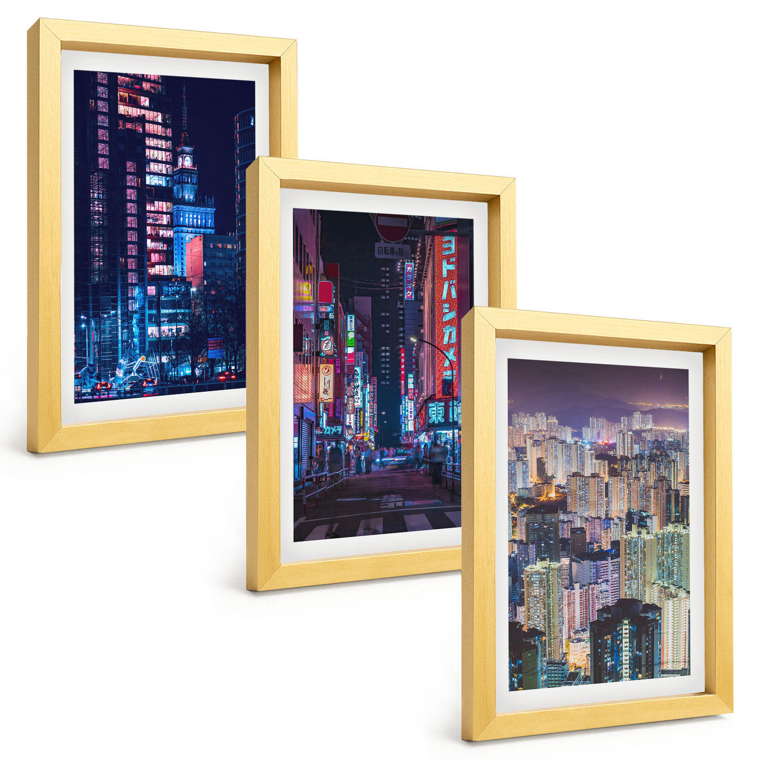 BILDER SET 3er Set - 20x30 cm Goldrahmen - Neonlichter der nächtlichen Stadt - Goldfarben, Kunststoff (20/30cm) - TULUP