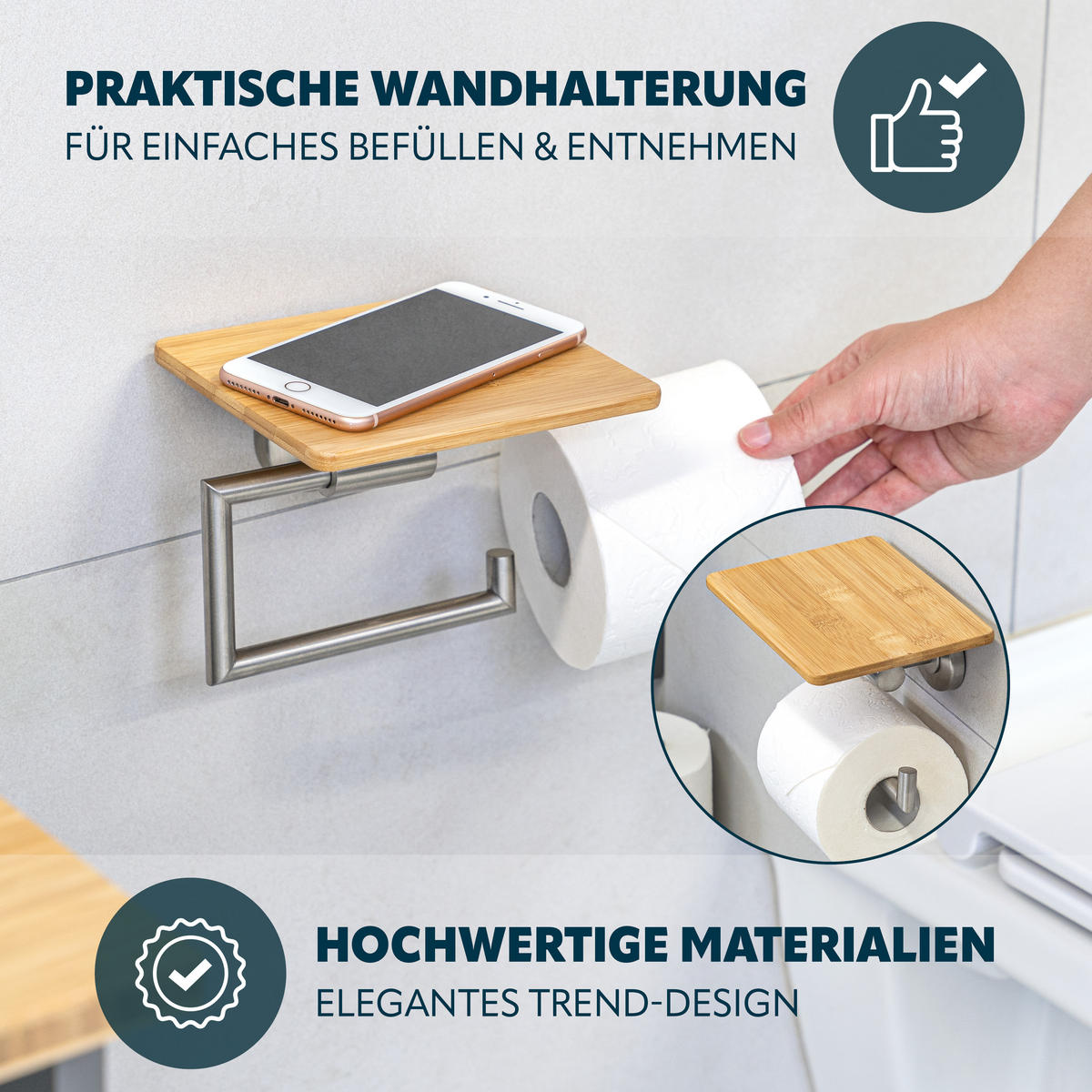 TOILETTENPAPIERHALTER PIAZZA BAMBUS mit Bambusablage, Edelstahl - Braun, Metall (17/13.5/13.5cm) - bremermann