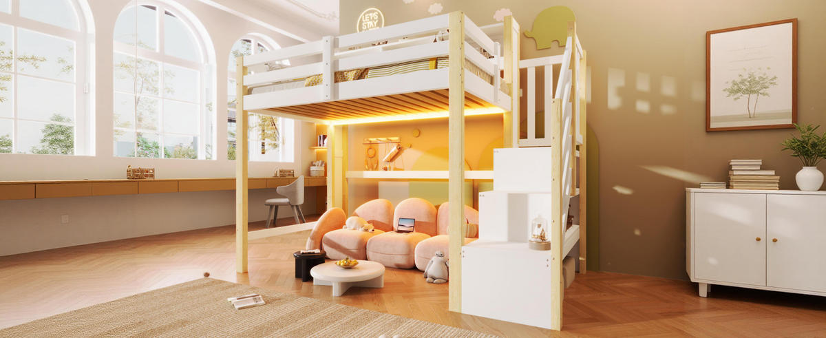 HOCHBETT 140/200 cm mit LED-Beleuchtung, Stauraumtreppe und offenem Staufach, Weiß - Weiß, Holz (140/200cm) - Redom