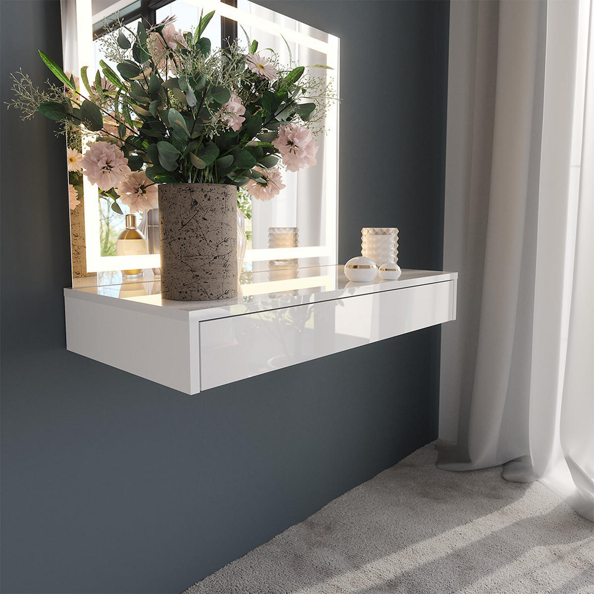 SCHMINKTISCH Sherry Weiß/Weiß Hochglanz 80 cm 2 Teile - Weiß Hochglanz, Holzwerkstoff (80/76/50.1cm) - Vicco