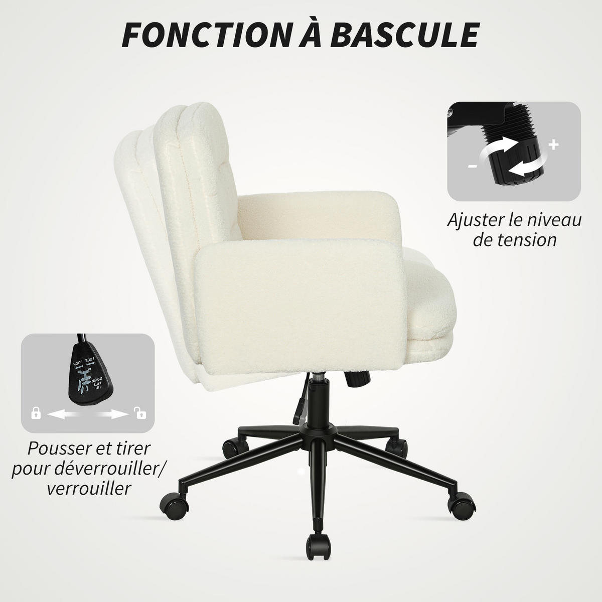 DREHSTUHL mit Bouclé-Bezug DE-11776 höhenverstellbar Creme - Creme, Metall (61.5/101/65cm) - ComfortXL