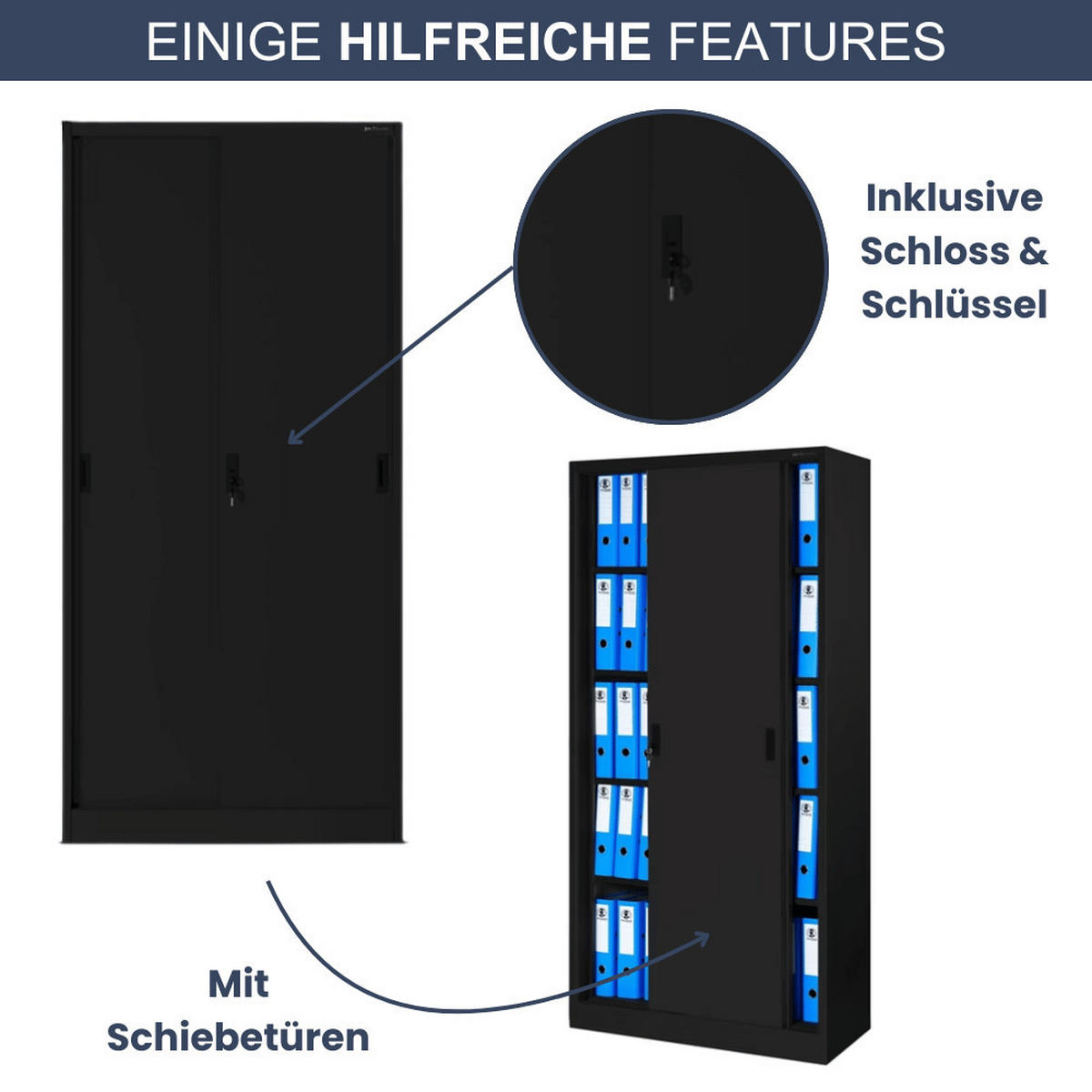 AKTENSCHRANK abschließbar ROLF mit Schiebetüren 185x90x40cm Schwarz - Schwarz, Metall (90/185/40cm) - DELUKE