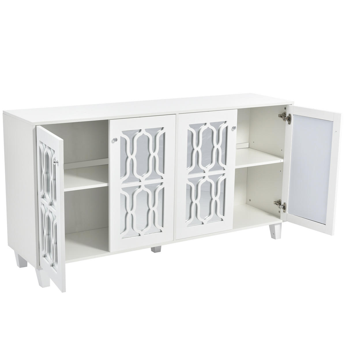 SIDEBOARD in Weiß mit verspiegelter Oberfläche, 4 Türen und kristallförmigen Glasgriffen, 160/40/84 cm, Weiß - Weiß, Holzwerkstoff (160/84/40cm) - Redom