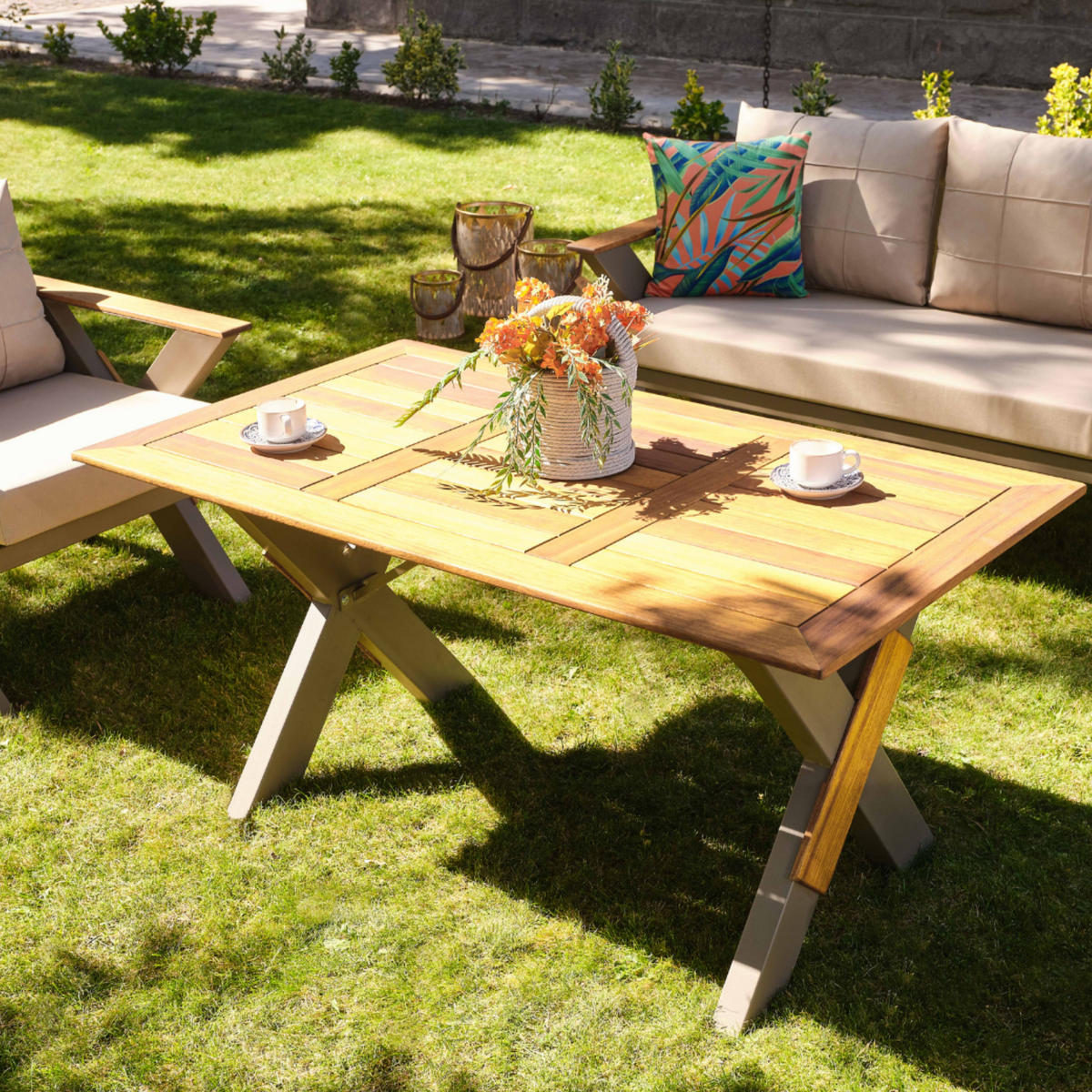 GARTENMÖBEL-SET 4-tlg. aus Irokoholz Lotus Beige - Beige, Holz/Metall - Gowoll