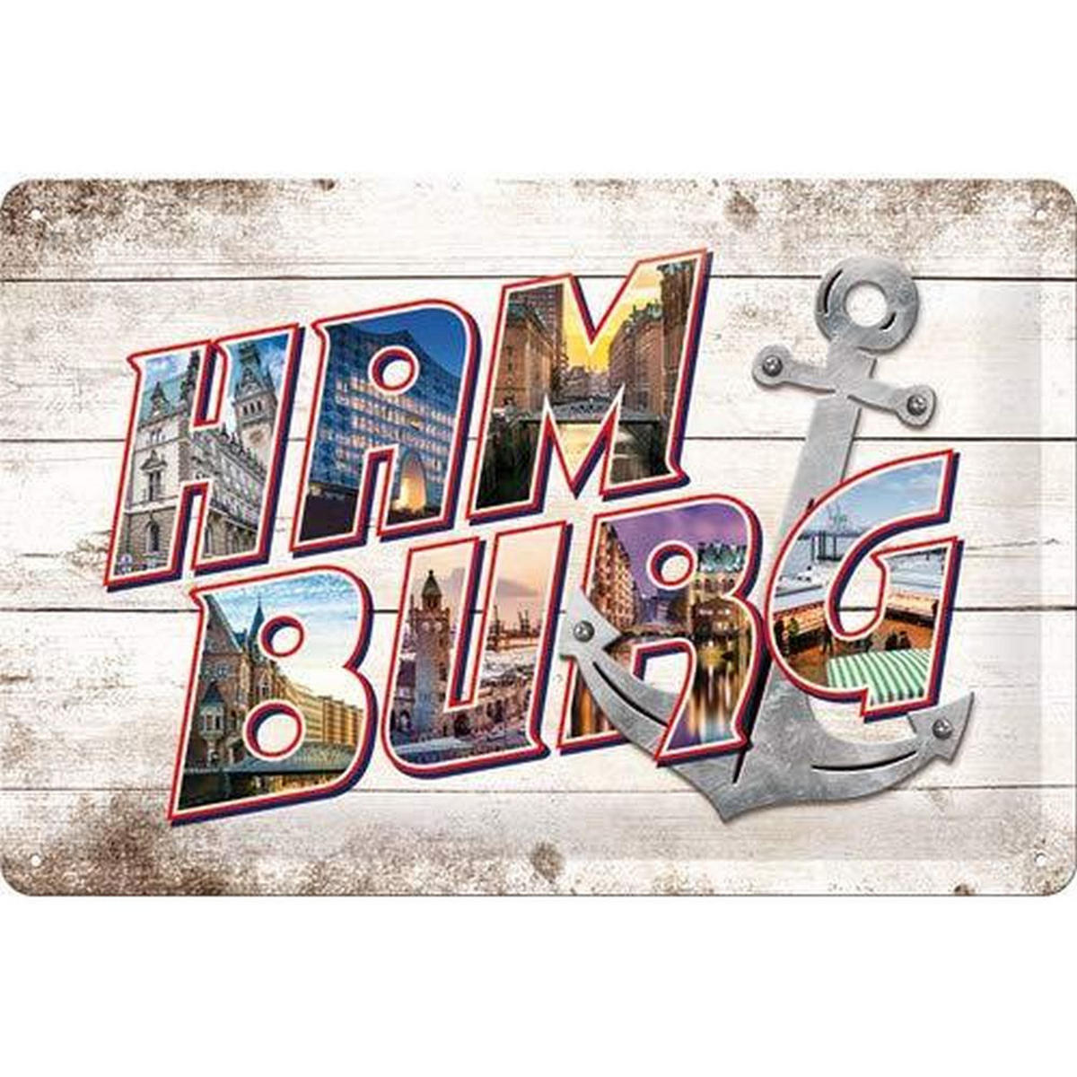 BLECHSCHILD 20/30 cm Hamburg Bilder-Buchstaben & Anker - Multicolor, Metall (30/20/0.2cm) - Nostalgic-Art
