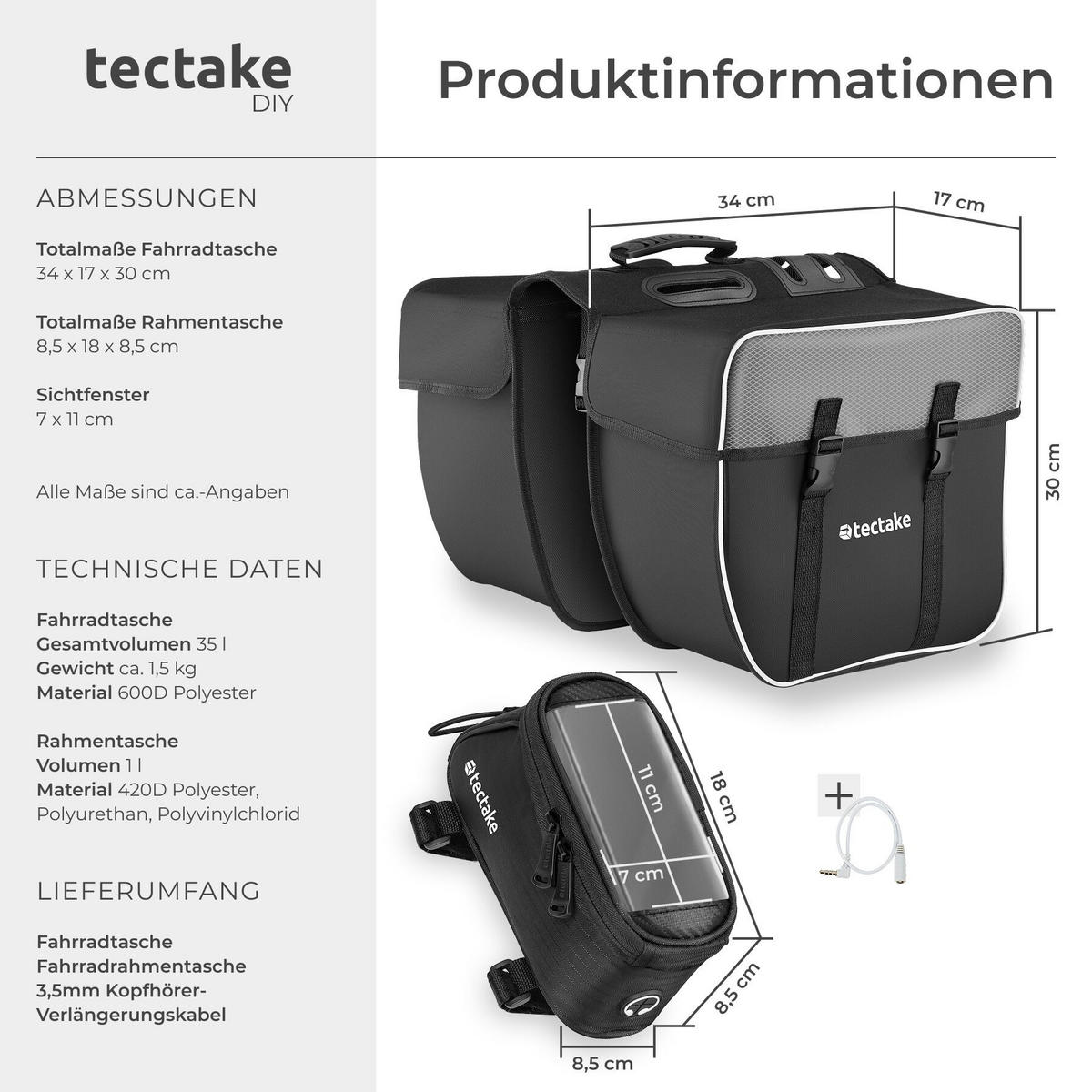 FAHRRADTASCHE Georg mit Fahrradrahmentasche, wasserabweisend und robust, schwarz - Schwarz, Textil (8.5/8.5/18cm) - tectake