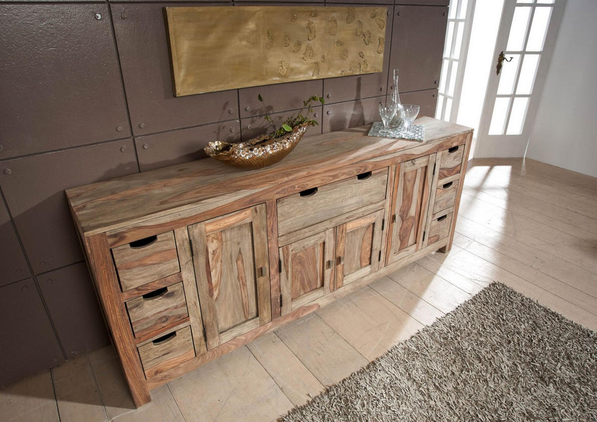 SIDEBOARD Sheesham 210x42x85 grau geölt NATURE GREY #080 - Grau, Holz (210/85/42cm) - Massivmoebel24