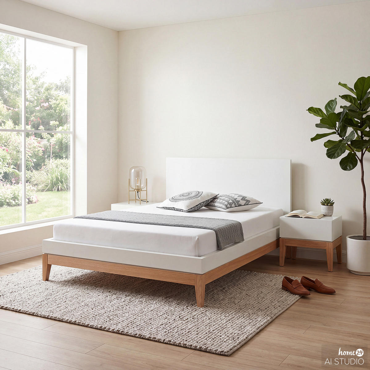 BETT - Höhe 96 cm - Beige/Weiß, Eichenholz/Holz (140/200cm) - home24