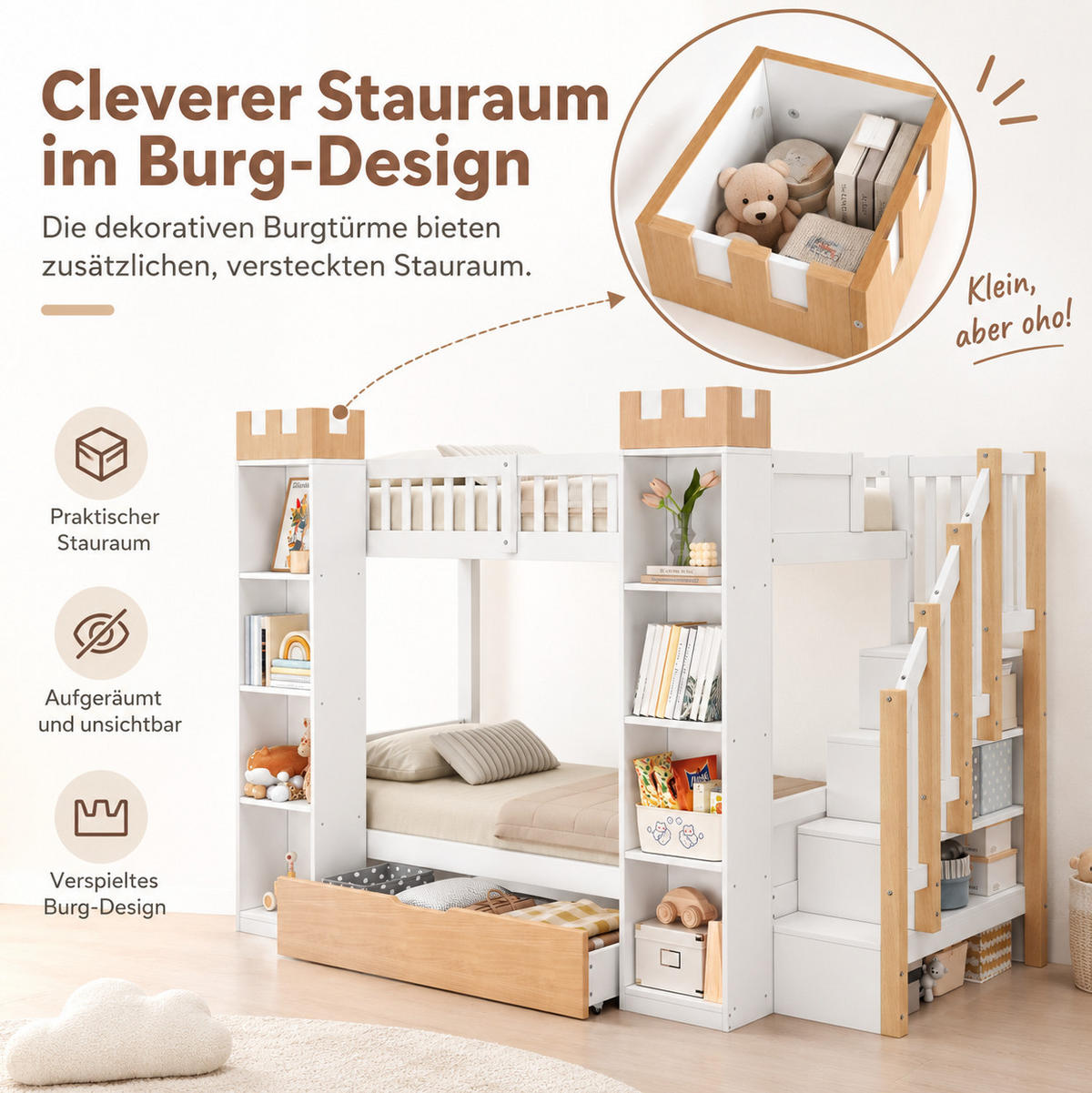 ETAGENBETT aus Kiefernholz 90x200 cm Weiß mit Stauraumtreppe und Schubladen - Weiß, Holz (90/200cm) - Modfu