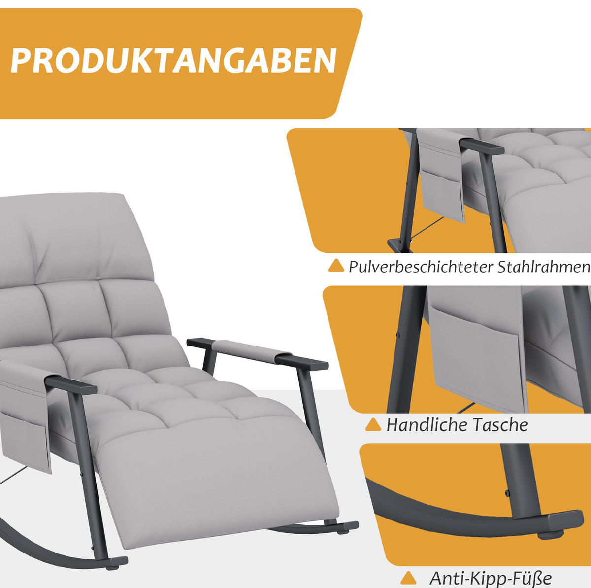 RELAX-SCHAUKELSTUHL 60/134/70 cm mit Mikrofaserbezug und verstellbarer Rückenlehne - Grau, Textil (134/70/60cm) - BEAOK