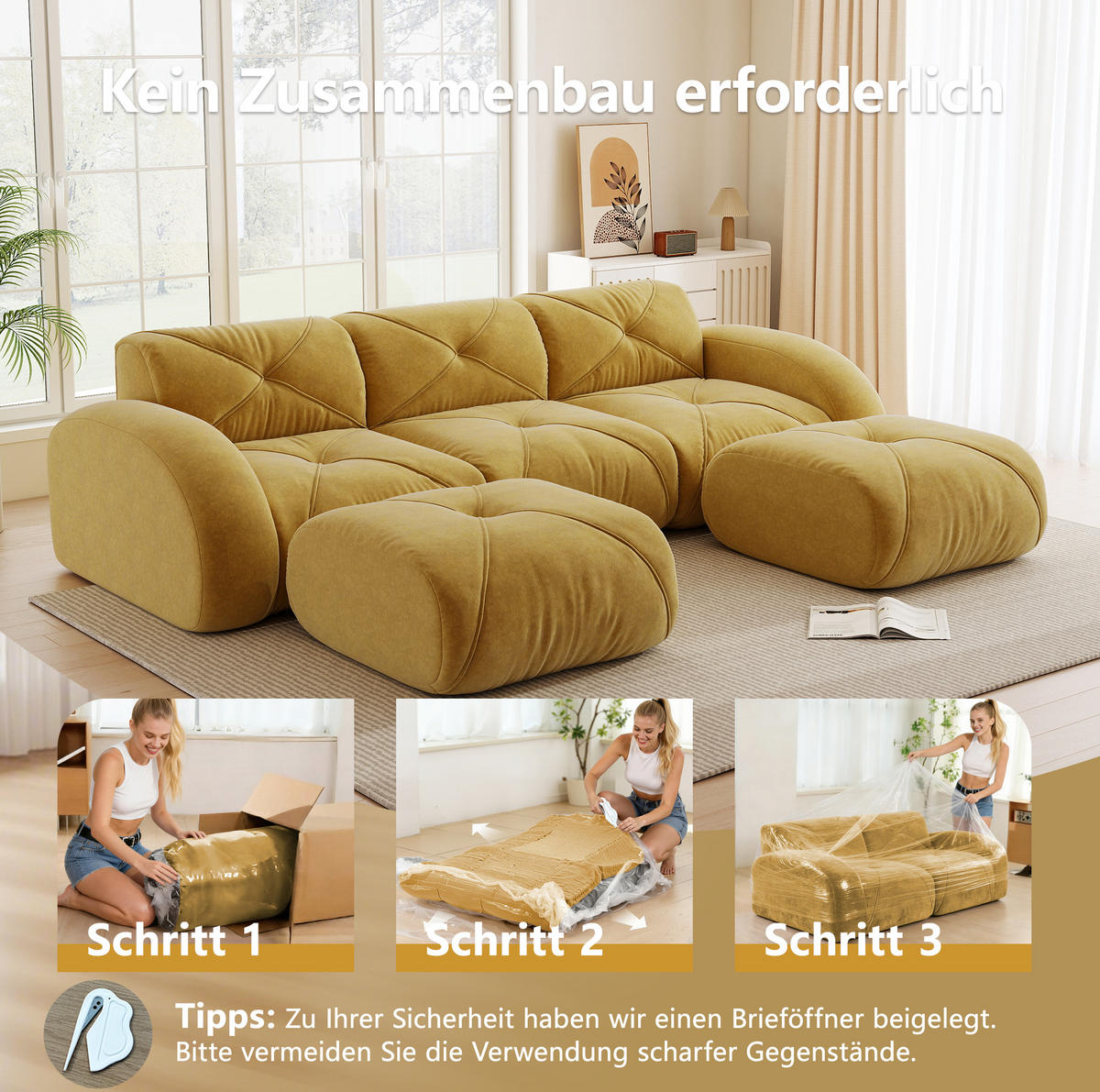 WOHNLANDSCHAFT in Gelb aus Chenille mit Hockern und rahmenlosem Design - Gelb, Textil (171/76/281cm) - Flora Grace