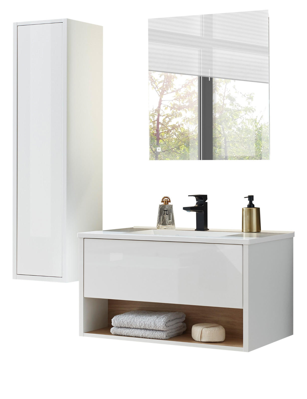 BADMÖBE-SET weiß Hochglanz, Eiche 3-teilig 120 cm, Komplettset mit Waschbecken, LED Beleuchtung - Weiß Hochglanz/Eichefarben, Glas/Holzwerkstoff (120/190/47cm) - Furn.Design