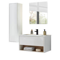 BADMÖBE-SET weiß Hochglanz, Eiche 3-teilig 120 cm, Komplettset mit Waschbecken, LED Beleuchtung - Weiß Hochglanz/Eichefarben, Glas/Holzwerkstoff (120/190/47cm) - Furn.Design