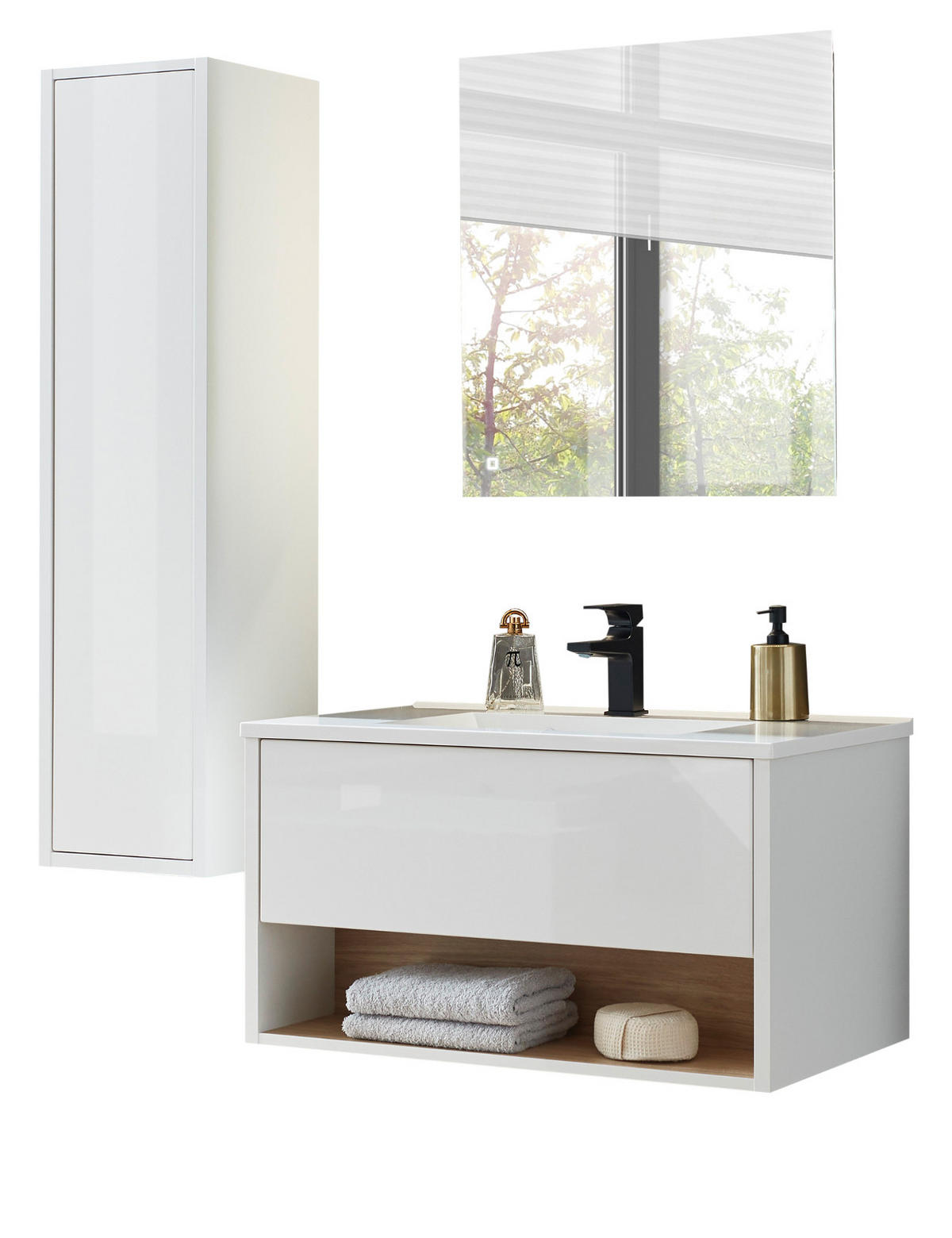 BADMÖBE-SET weiß Hochglanz, Eiche 3-teilig 120 cm, Komplettset mit Waschbecken, LED Beleuchtung - Weiß Hochglanz/Eichefarben, Glas/Holzwerkstoff (120/190/47cm) - Furn.Design