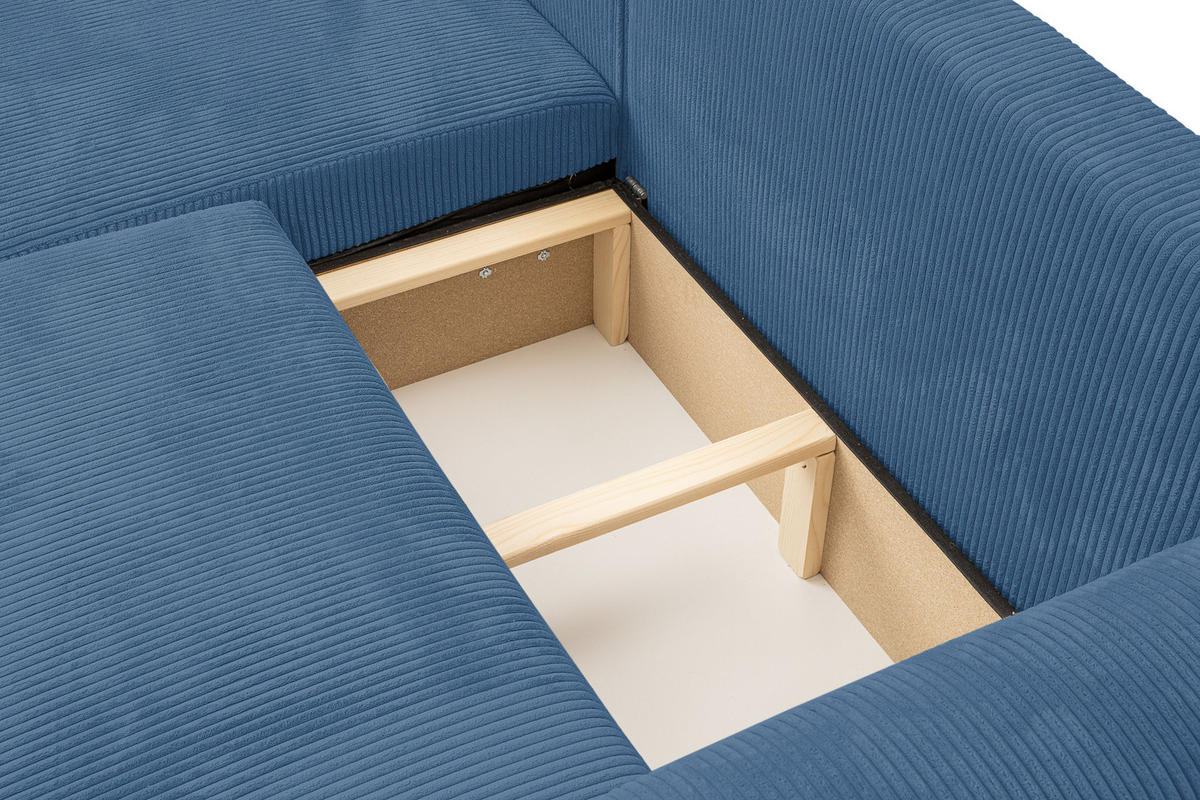 ECKSOFA Roma, Eckcouch in L-Form mit Schlaffunktion und Bettkasten, Farbe: Blau, Cordstoff, Ottomane Universal - Blau, Textil (244/142cm) - VENASI MÖBEL