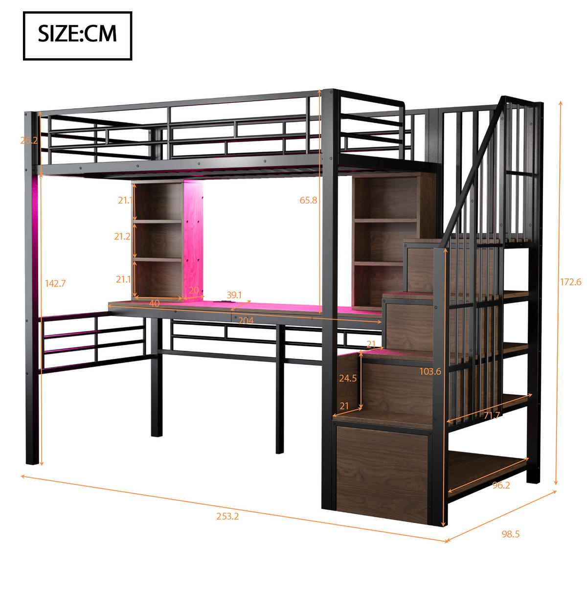 VYSOKÁ posteľ 90/200 cm čierna z MDF a kovu s písacím stolom úložným schodiskom a LED osvetlením - čierna, kompozitné drevo (90/200cm) - OKWISH