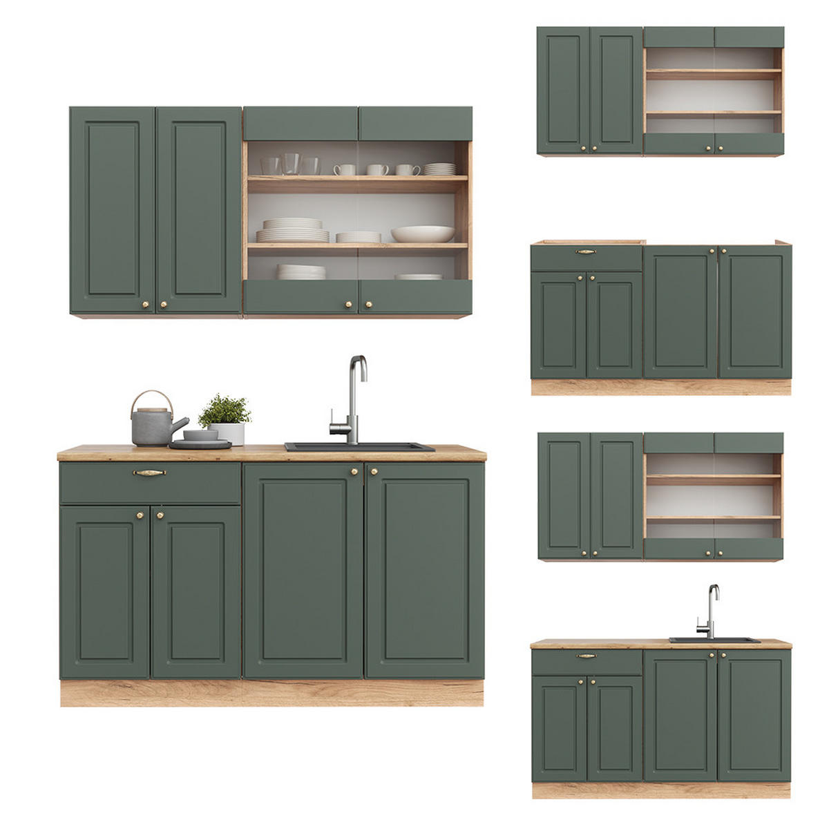 SINGLEKÜCHE Fame-Line Grün-Gold Landhaus/Goldkraft Eiche 140 cm ohne AP - Honigeiche/Grün, Holzwerkstoff (140/81.6/46cm) - Vicco
