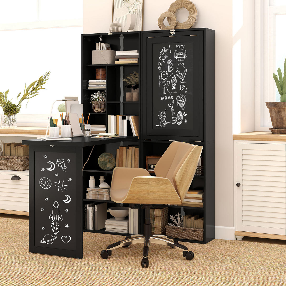 SCHREIBTISCH Schwarz klappbar mit Regal und Tafel 98/51/153 cm - Schwarz, Holzwerkstoff (51/98/153cm) - PANGIVO