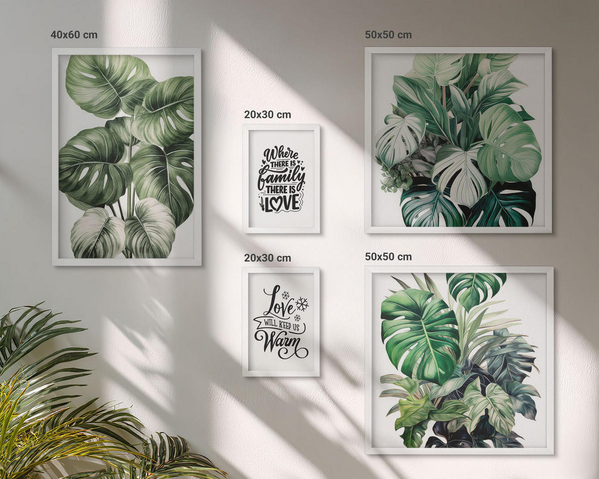 WANDBILDER 5er-Set - 50x50 cm & 20x30 cm & 40x60 cm Weißer Rahmen - Gemalte Abstraktionen der Natur - Weiß, Kunststoff (40/60cm) - ArtPrintCave