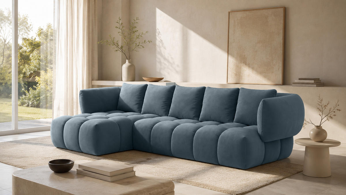 ECKSOFA L-Form, Veloursstoff Bluvel, Blaugrau, Links, SEVIO L - Blaugrau, Holz (242/175cm) - Kaiser Möbel
