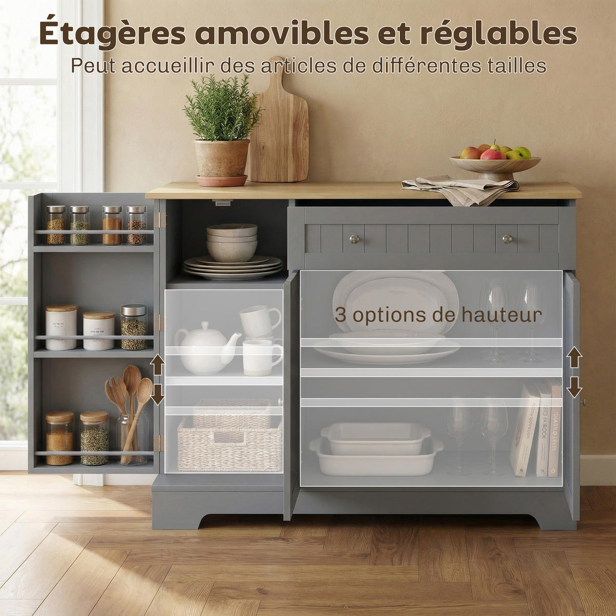 SIDEBOARD DE-11323 3 Türen & Schublade mit verstellbarem Boden Grau - Grau, Holzwerkstoff (105/83/40cm) - ComfortXL