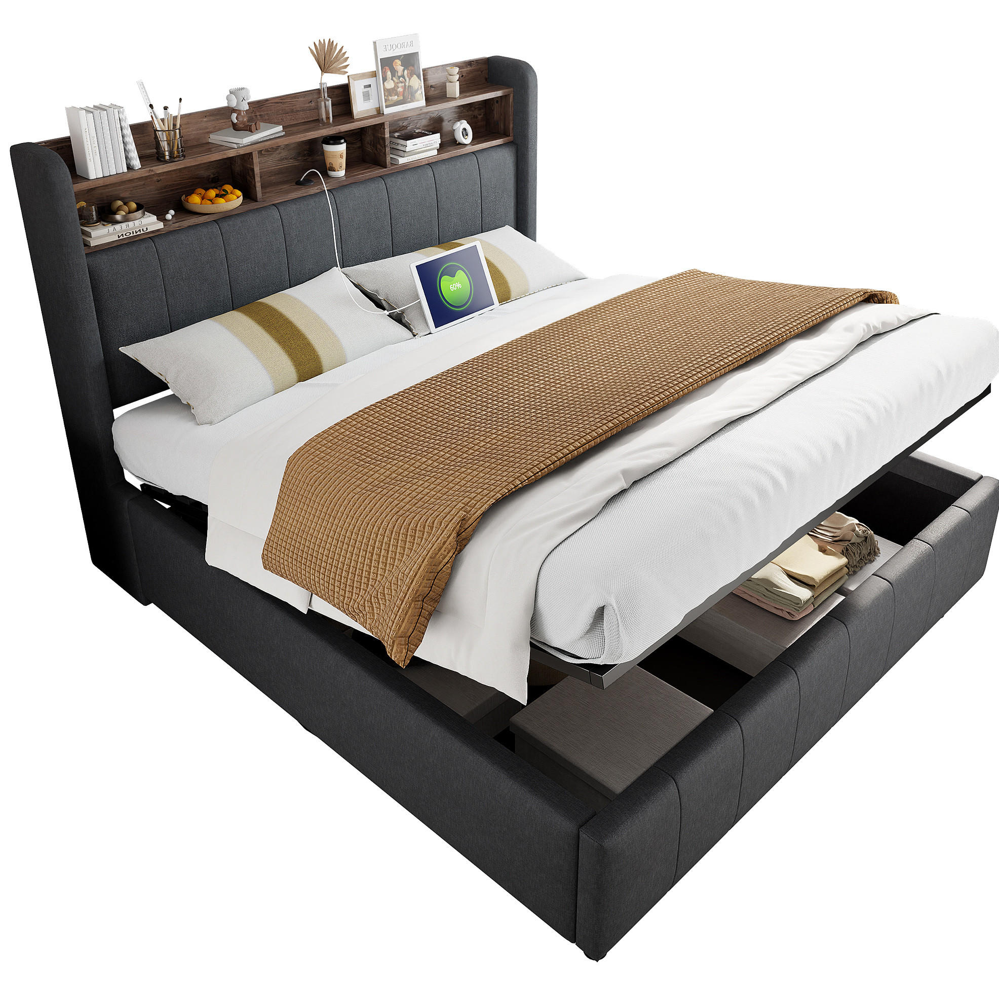 POLSTERBETT 160/200 cm aus Leinenstoff mit LED-Beleuchtung und Stauraum Grau - Grau, Textil (160/200cm) - Modenvie
