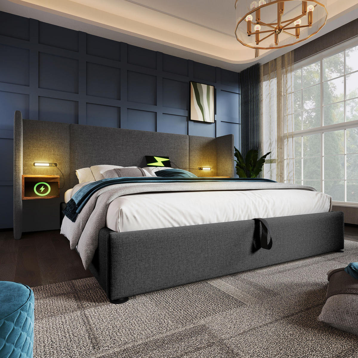 POLSTERBETT 180x200cm Doppelbett mit Nachttisch Leselampe & USB-C Grau - Grau, Holz - FLIEKS