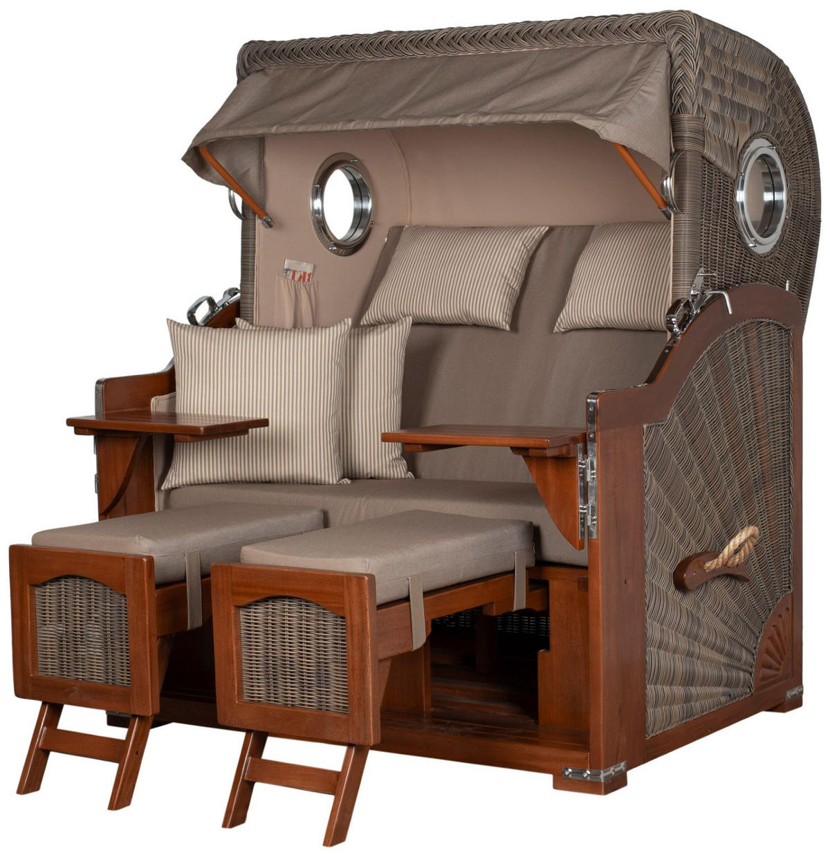 STRANDKORB Komplettset: Ammersee Grande XL Mahagoni Bullauge - PE grau - Modell 534 - Beige/Braun, Holz/Kunststoff (142/165/95cm) - bene living