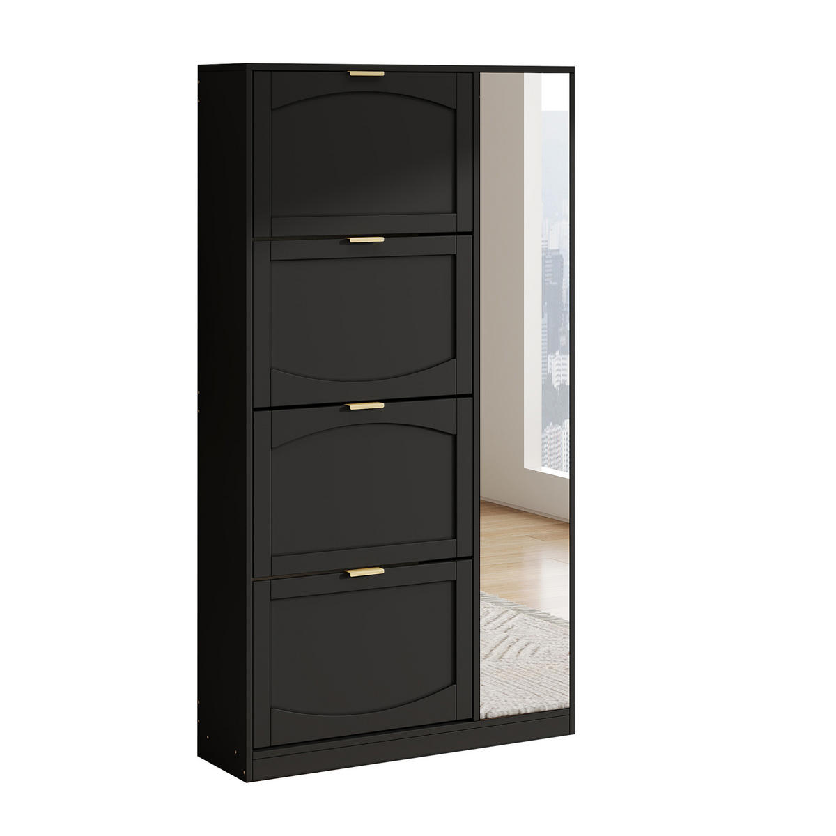 SCHUHSCHRANK mit Spiegel 80x147x24 cm Schwarz - Schwarz, Holzwerkstoff (24/147/80cm) - Beauniv