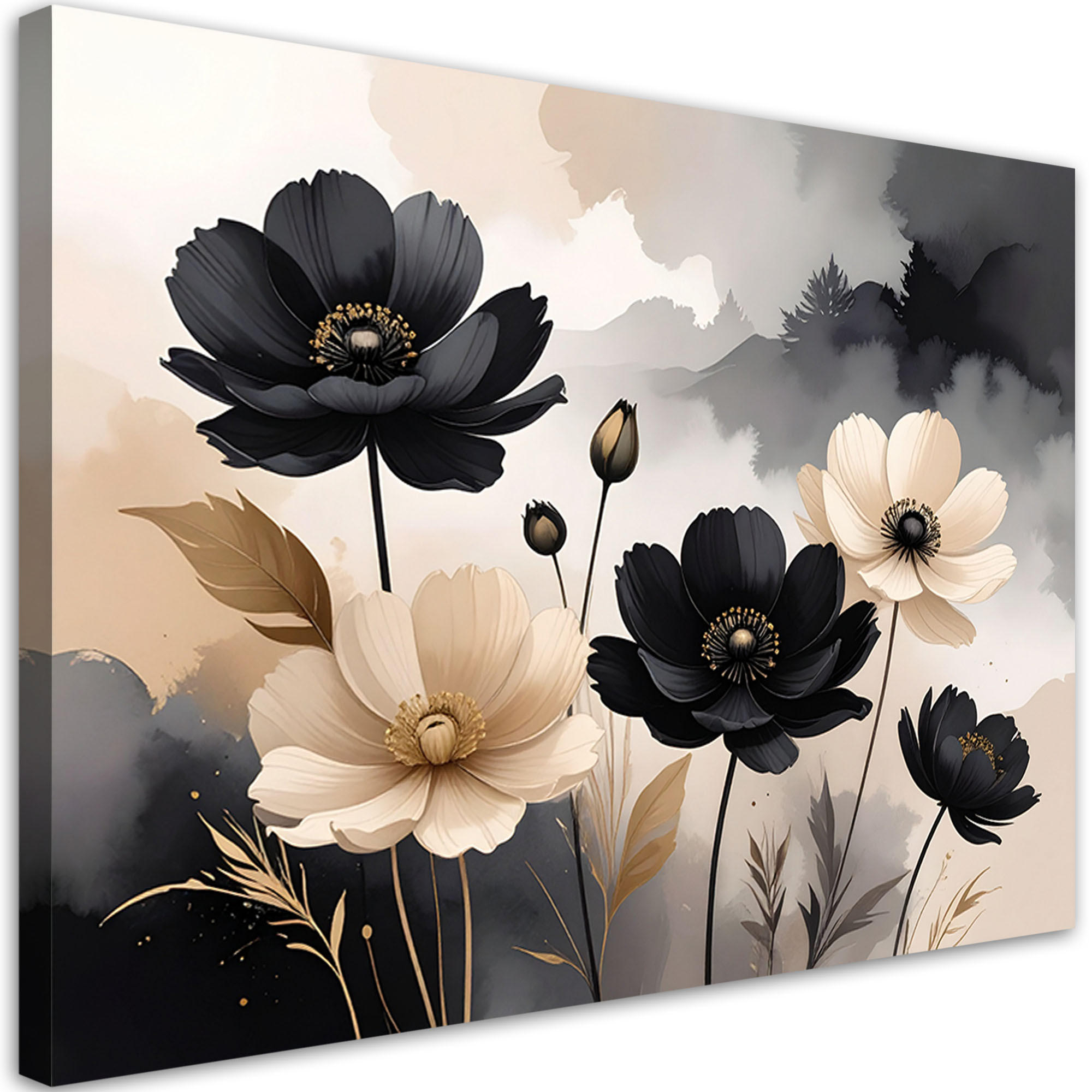 WANDBILD, Schwarze und cremefarbene Blumen in einer modernen Komposition - Beige, Textil (30/20cm) - Feeby