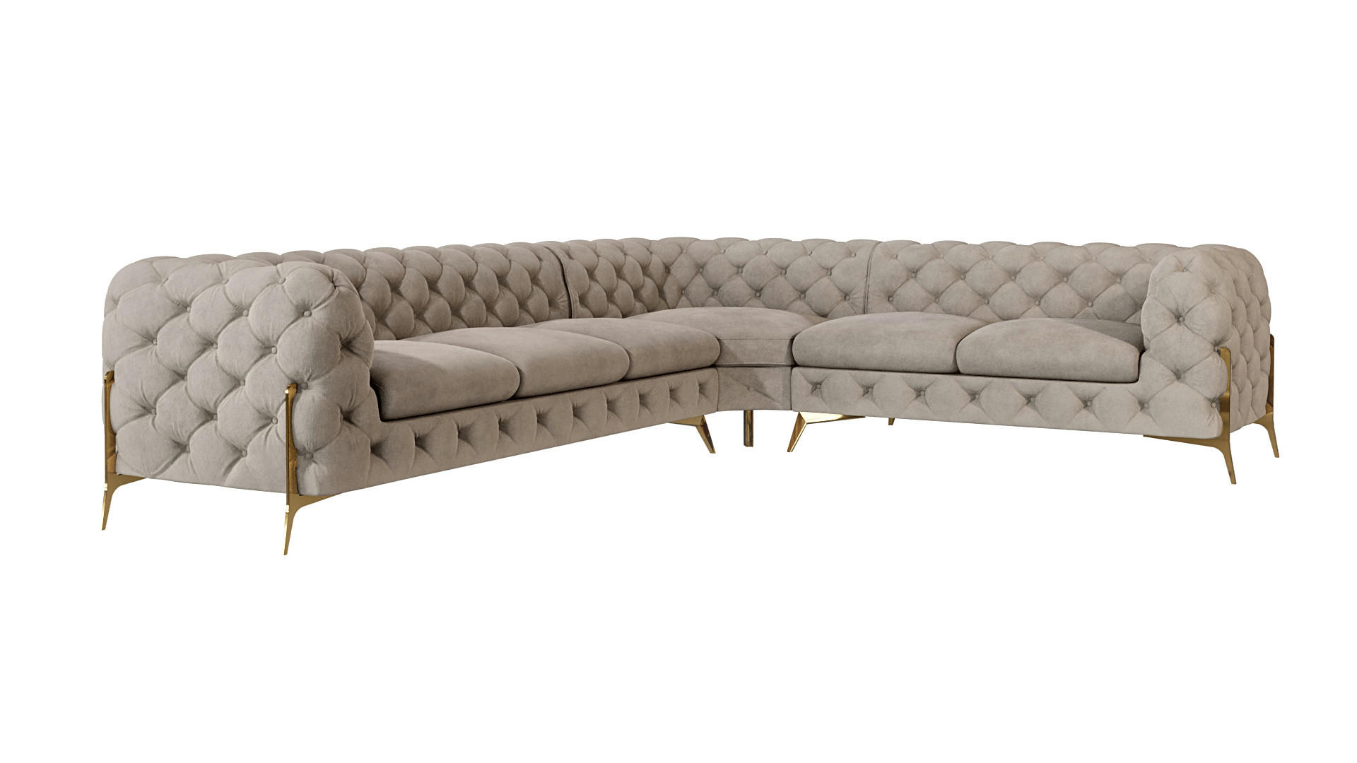 S-Style CHESTERFIELD ROHOVÁ SEDAČKA Lexi z tmavě krémového sametu se zlatými nohami - otoman vpravo