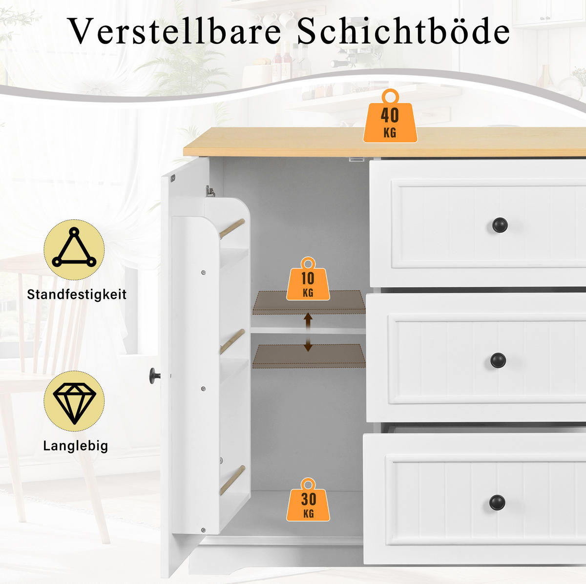 SIDEBOARD mit 3 Schubladen 126 x 40 x 86 cm MDF White 2-türig - Weiß, Holzwerkstoff (126/86/40cm) - Meubliv