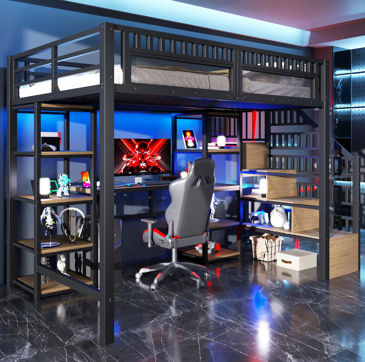 KATNI krevet od metala i MDF-a 140x200 cm crni s LED svjetlosnom trakom, USB priključkom, radnim stolom i spremištem - crna, metal (140/200cm) - Modfu