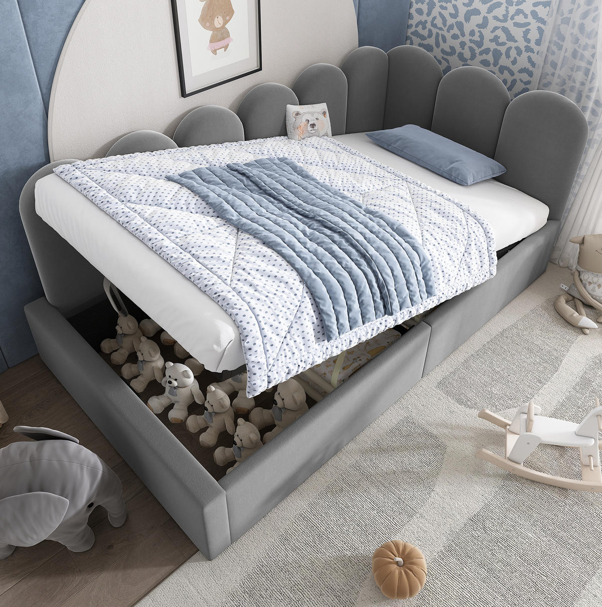 TAGESBETT 90/200 cm aus Samt mit hydraulischem Stauraum Grau - Grau, Textil (90/200cm) - Modenvie
