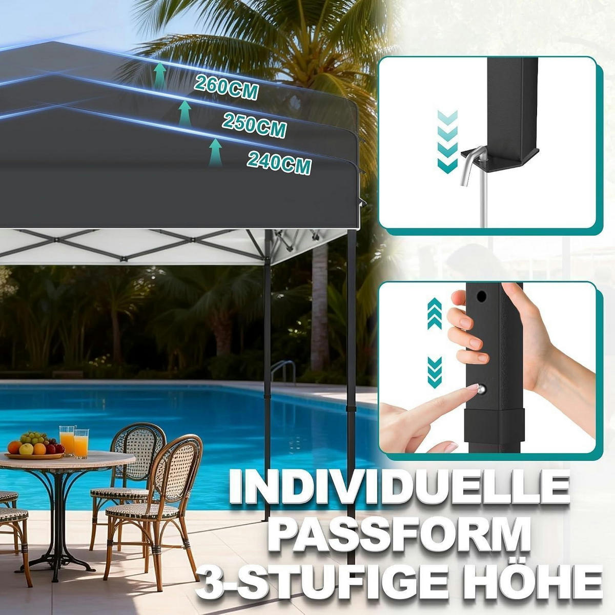 FALTPAVILLON 3 x 3 m Anthrazit mit One-Touch Lift - Anthrazit, Textil (300/260/300cm)