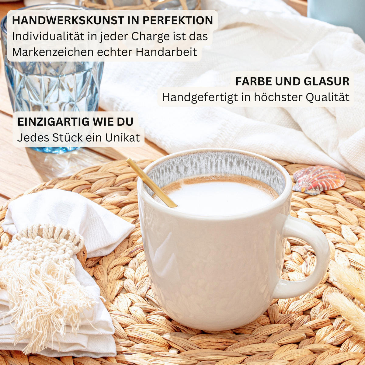 KAFFEEBECHER SET KRETA - 6 teilig aus Steingut - Creme, Stein (0.35L) - Sänger