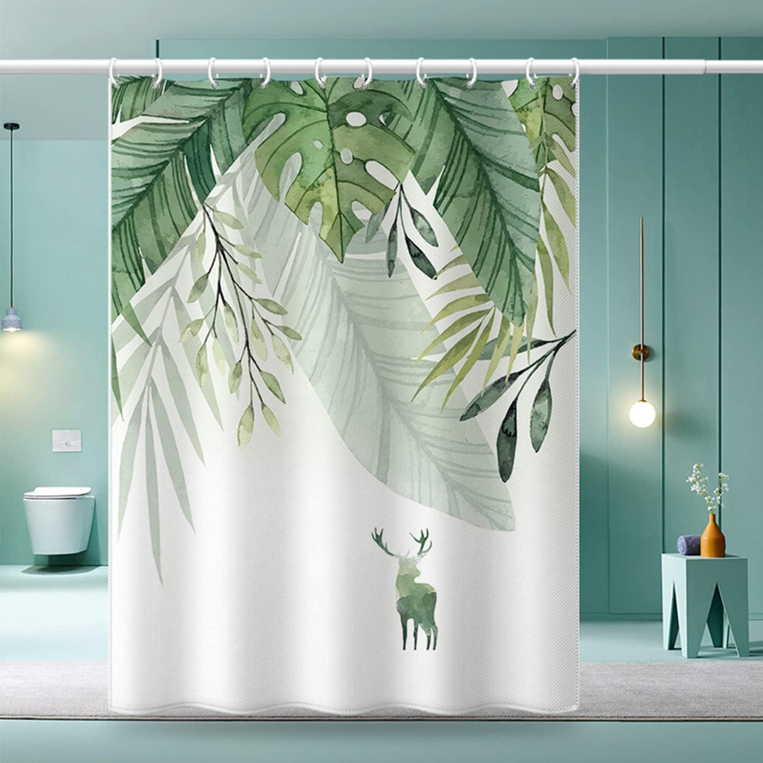 DUSCHVORHANG Blätter Dusche schimmelresistent Stoff maschinenwaschbar mit Haken rostfrei - Weiß, Textil (180/200cm) - MCBOSON