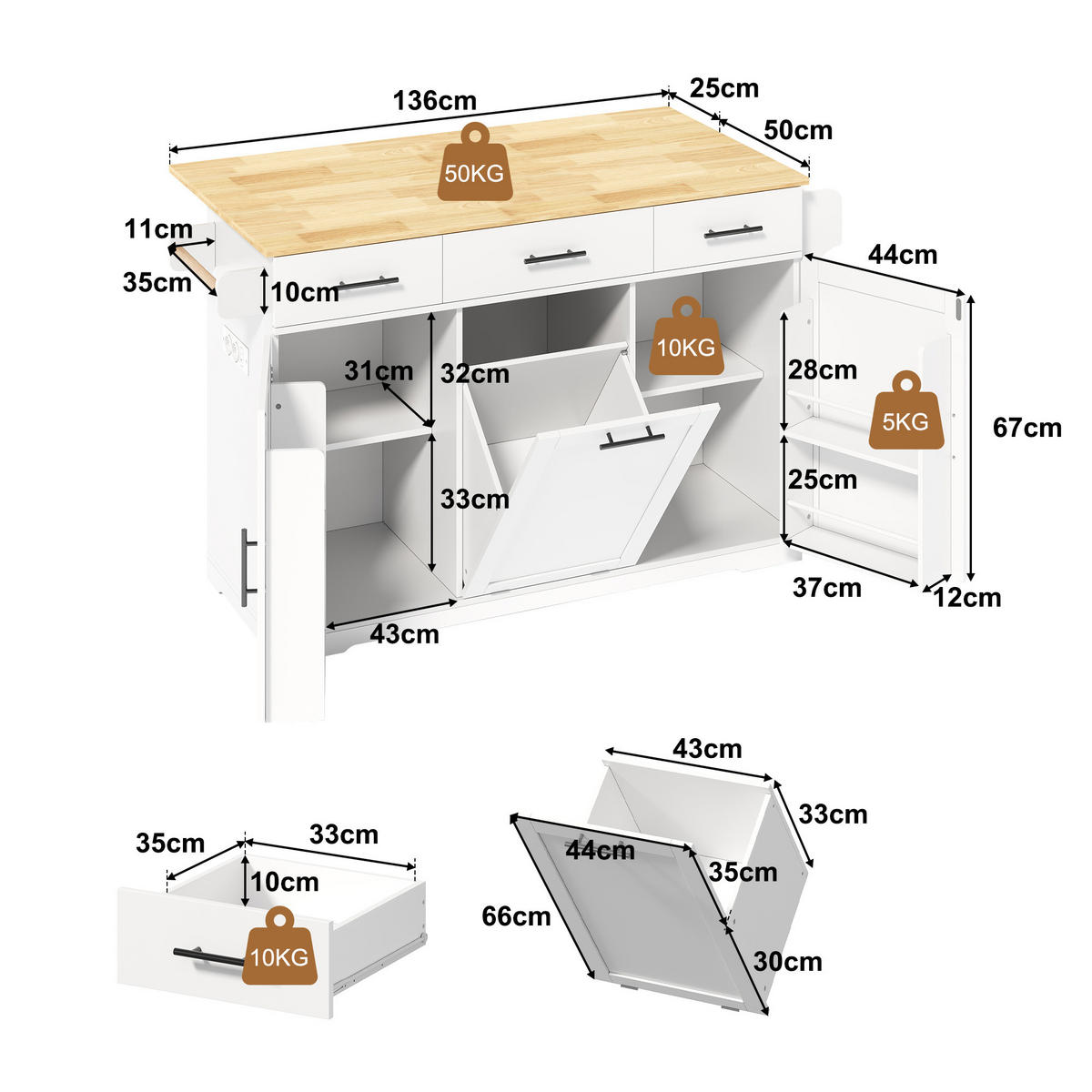 KÜCHENINSEL DE-41372 136/50-75/92 cm, klappbare Arbeitsplatte und Mülleimerschrank Weiß - Weiß, Holzwerkstoff (136/92/75cm) - ComfortXL