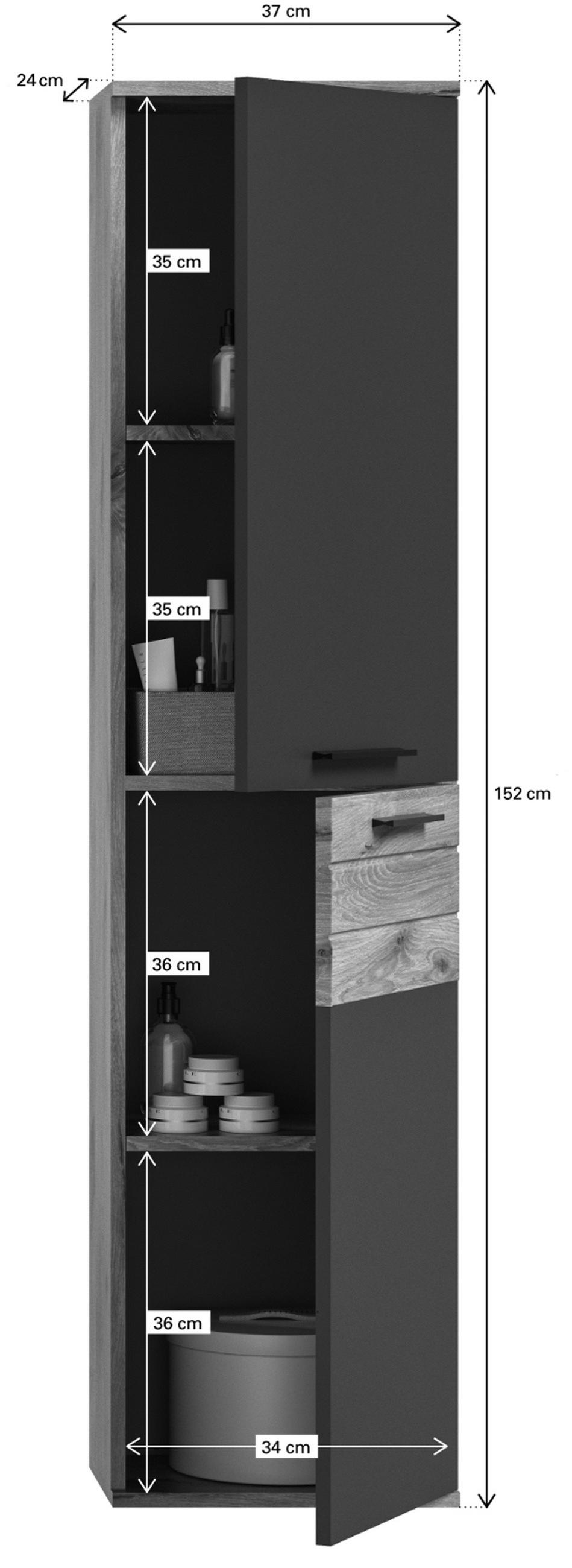 HOCHSCHRANK Hängeschrank Eiche grau 37x152 cm, mit Soft-Close - Eichefarben/Schwarz, Holzwerkstoff/Kunststoff (37/152/24cm) - Inn.Furn