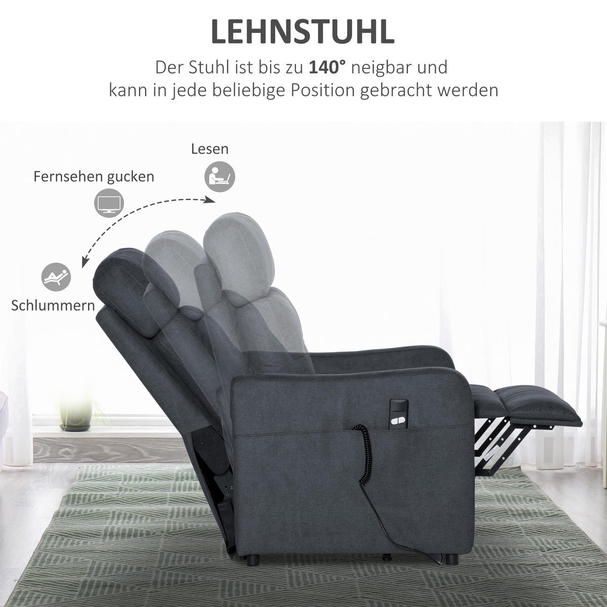 SESSEL mit Aufstehhilfe, Polyester, Grau - Grau, Kunststoff (94/104/71cm) - HOMCOM