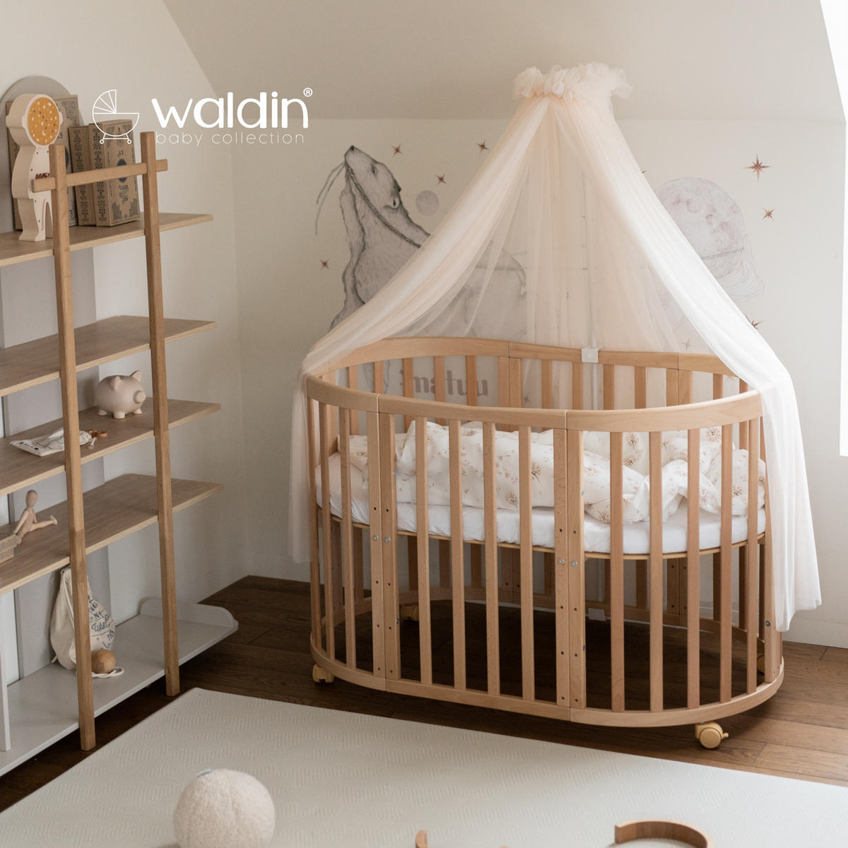 BABYBETT WHITE OVAL 7in1 mit Matratze und Himmelset - Champagner/Weiß, Holz/Textil