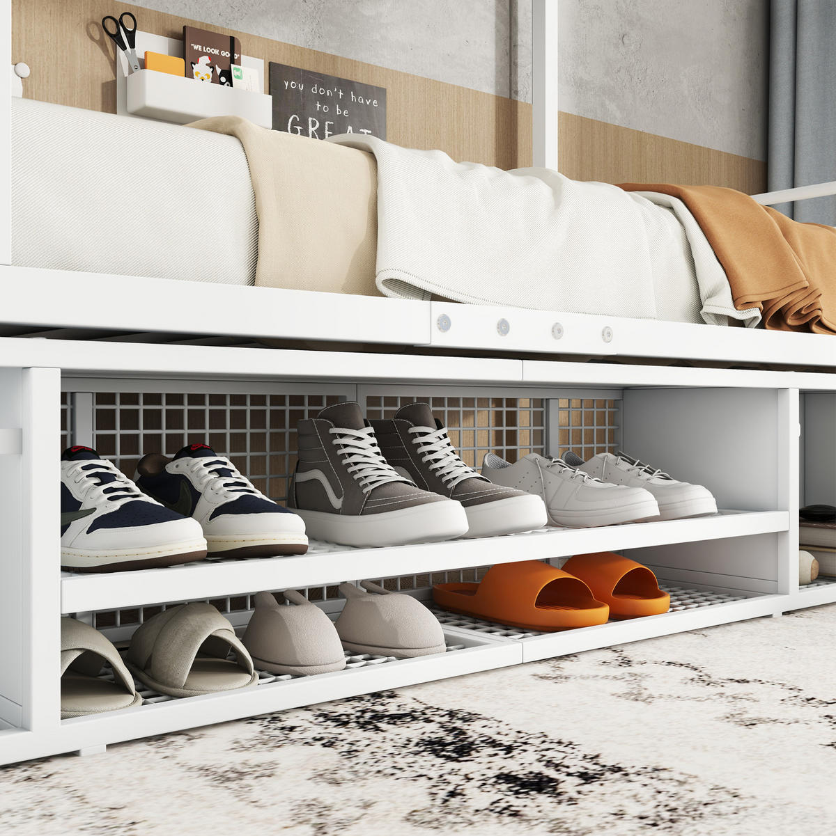 ETAGENBETT 90/200 cm Weiß Metall mit Schuhschrank und seitlicher Leiter - Weiß, Metall (90/200cm) - OKWISH