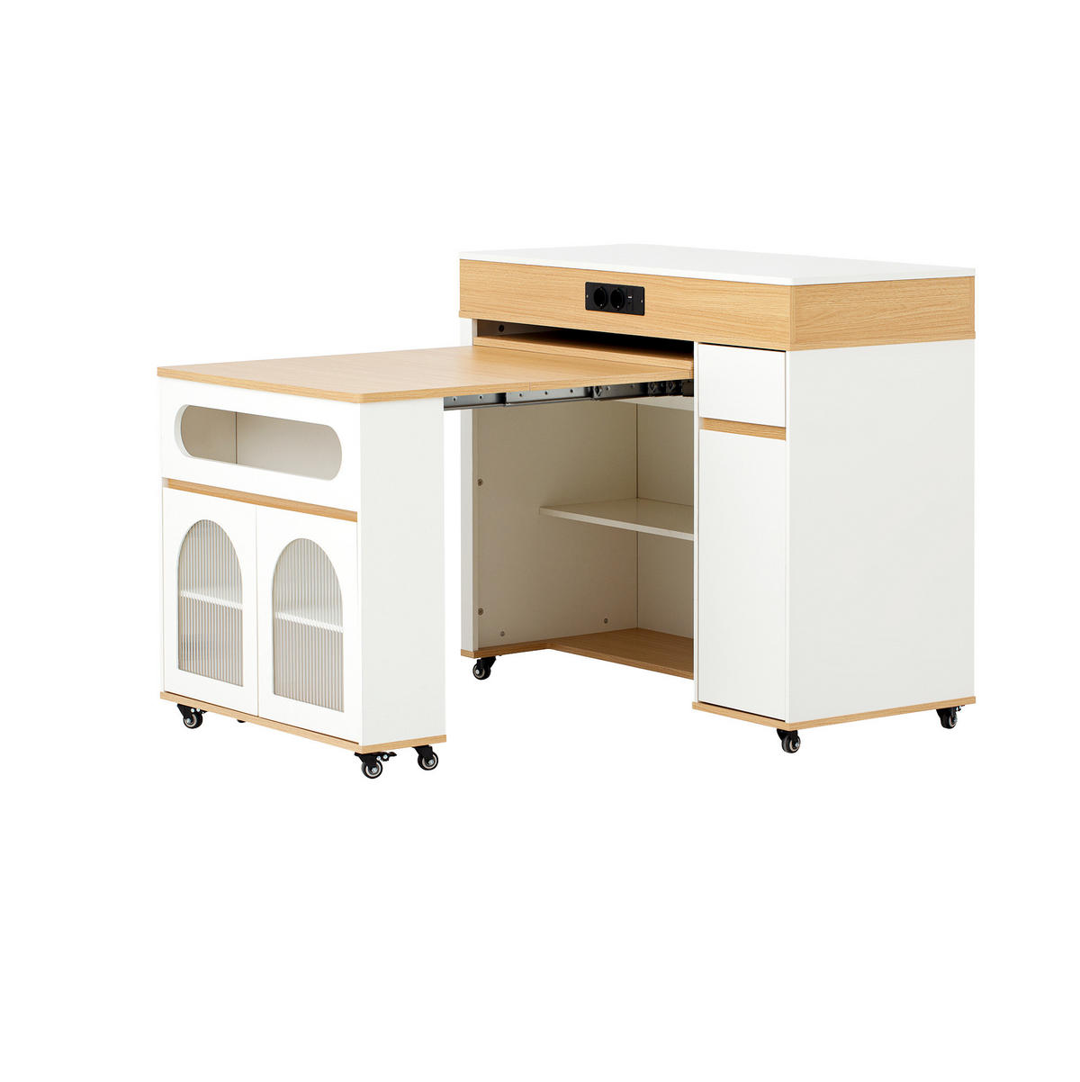 KUHINJSKI otok 50,5-187,5/110,5/95,5 cm bijelo-prirodni od MDF-a s izvlačnom pločom i utičnicama - bijela, drvni materijal (110.5/95.5/50.5cm) - OKWISH