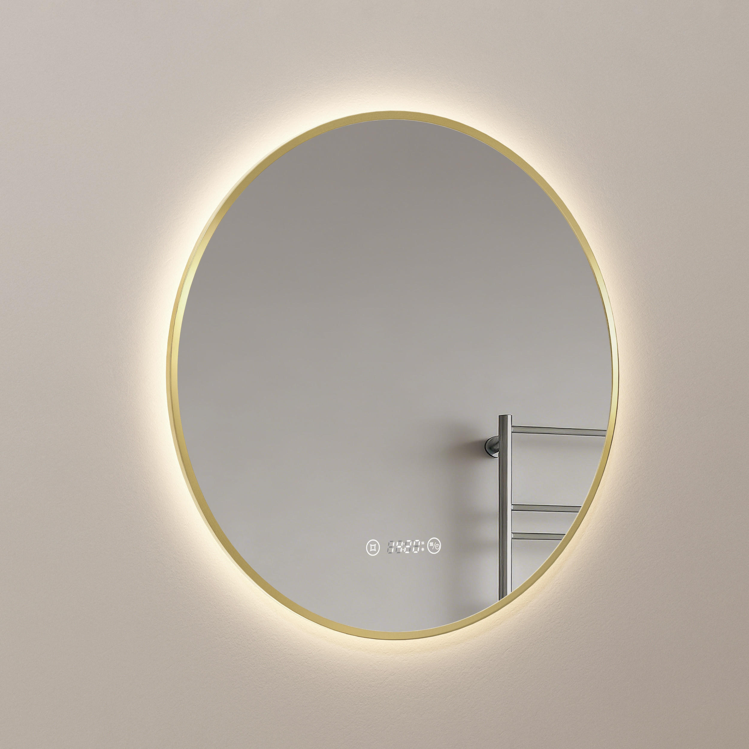 BADSPIEGEL mit LED-Beleuchtung Anti-Beschlag Zeitanzeige Goldfarben Ø 70 cm - Goldfarben, Glas (70/70/3cm) - EMKE