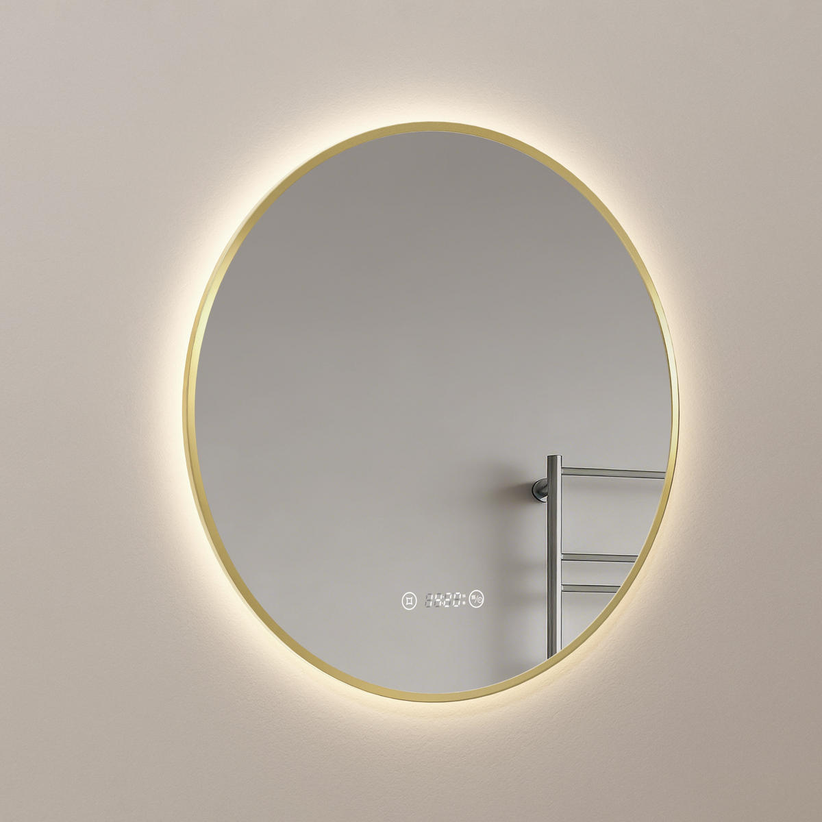 BADSPIEGEL mit LED-Beleuchtung Anti-Beschlag Zeitanzeige Goldfarben Ø 70 cm - Goldfarben, Glas (70/70/3cm) - EMKE