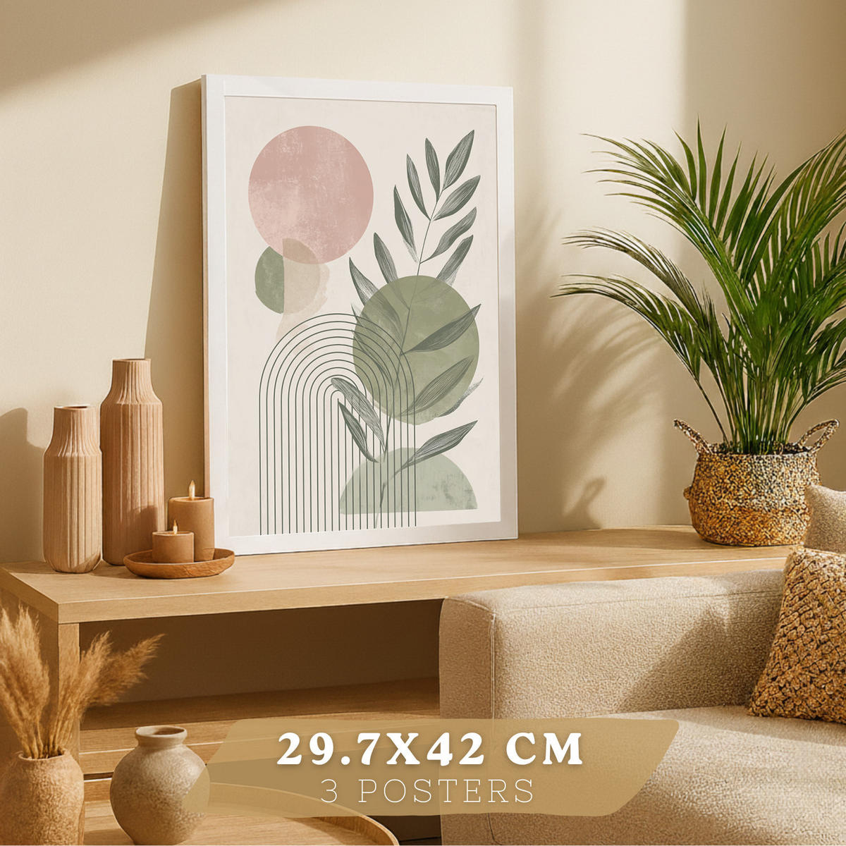 PLAKAT Sada 3 dekorativních nástěnných tisků, zelené a růžové tvary, pro moderní dekoraci obývacího pokoje květinové motivy, velikost Bílý rám A3 - bílá, papír (29.7/42/3cm) - Nacnic