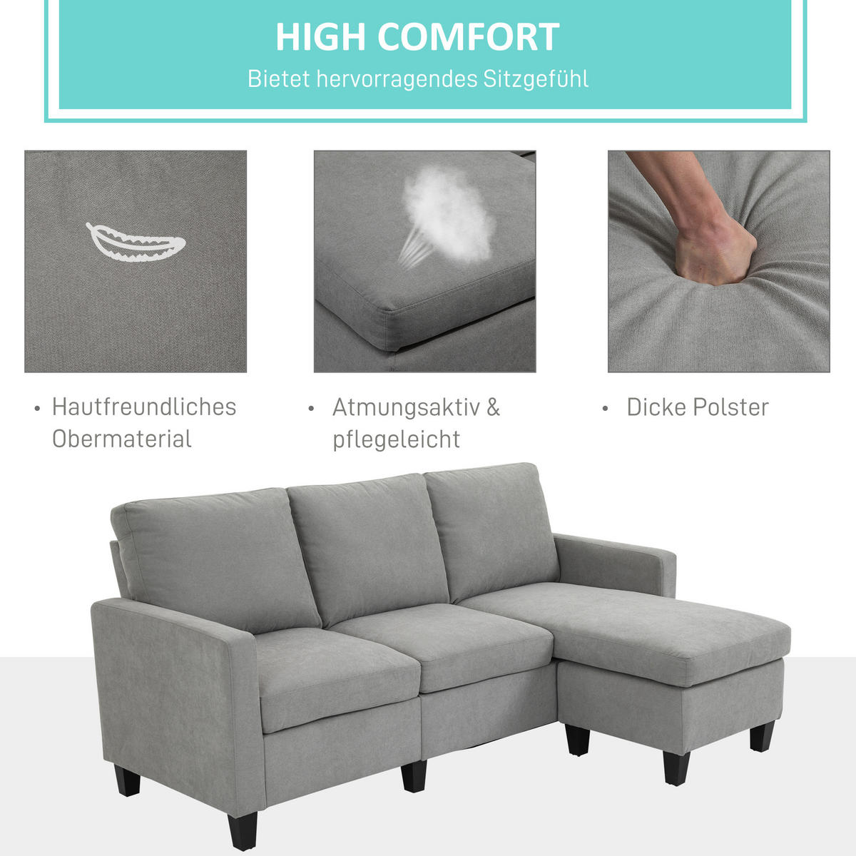 ECKSOFA Couch mit Wendbar Chaiselongue für Wohnzimmer, 197 x 139 x 91 cm - Hellgrau/Schwarz, Kunststoff/Textil (139/197cm) - HOMCOM