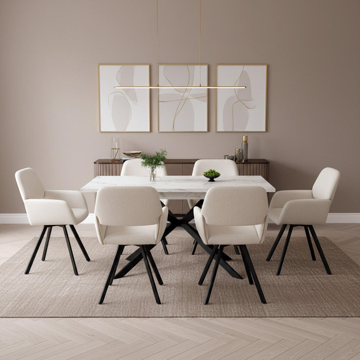 TISCHGRUPPE 7-teilig Ausziehtisch Marmoroptik Weiß & 6x 360° Drehstühle Beige - Schwarz/Weiß, Holzwerkstoff/Textil (160/77/80cm) - Urban Meuble