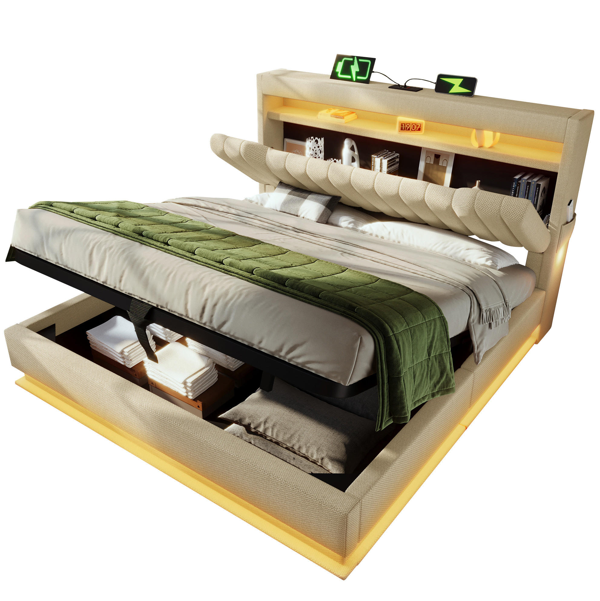 POLSTERBETT 160/200 cm mit Bettkasten, LED-Beleuchtung und gepolstertem Kopfteil - Beige, Textil (160/200cm) - BEAOK